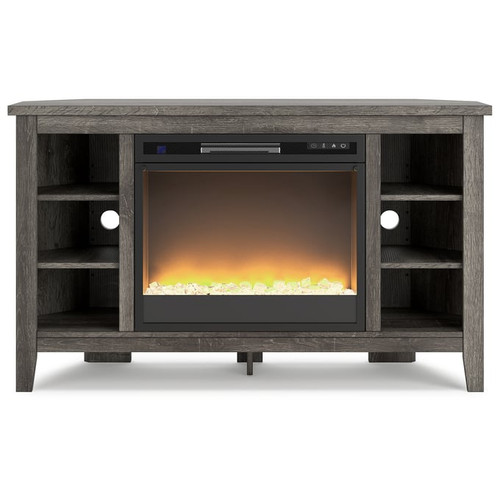 Ashley Furniture Arlenbry Gray Corner TV Stand With Fireplace Insert Glass Stone