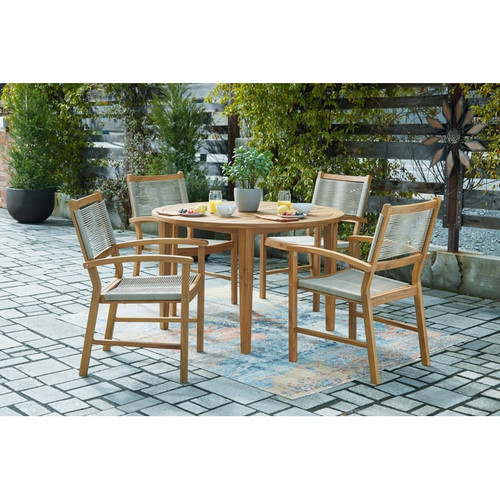 Ashley Furniture Janiyah Light Brown 5pc Outdoor Round Dining Set