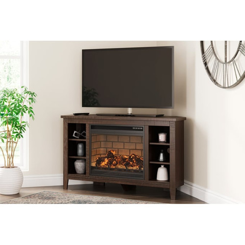 Ashley Furniture Camiburg Warm Brown Corner TV Stand With Fireplace Insert Infrared