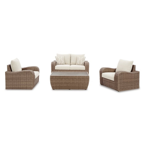 Ashley Furniture Sandy Bloom Beige 4pc Outdoor Seating Set With Loveseat