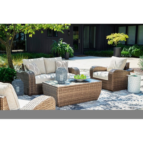 Ashley Furniture Sandy Bloom Beige 4pc Outdoor Seating Set With Loveseat