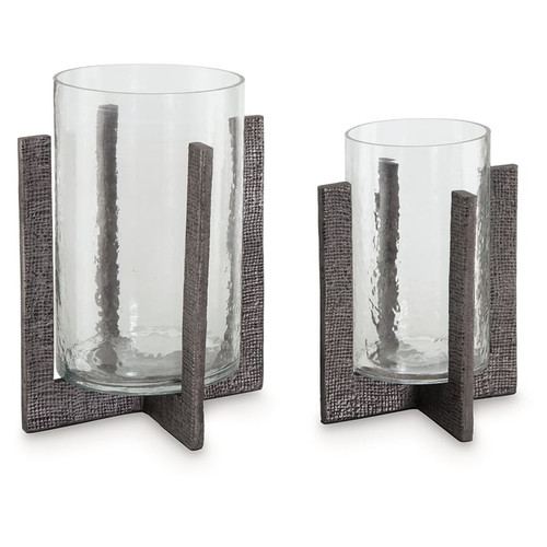 Ashley Furniture Garekton Clear Pewter 2pc Candle Holder Set
