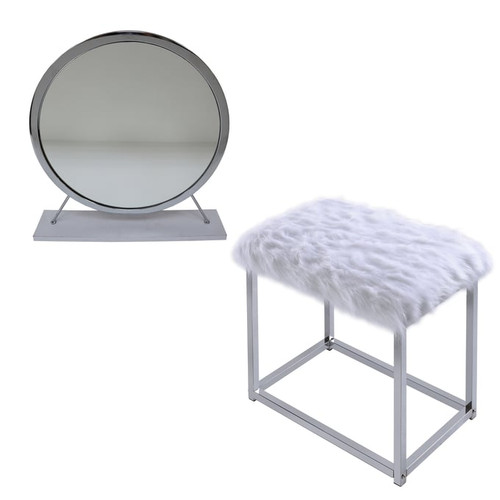 Acme Furniture Adao White Chrome Vanity Mirror with Stool