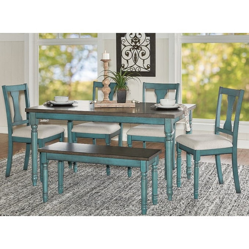 Powell Furniture Willow Teal Blue Beige 6pc Dining Set