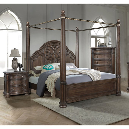 Bernards Tuscany Warm Mahogany 4pc Queen Canopy Bedroom Set With Marble Nightstand