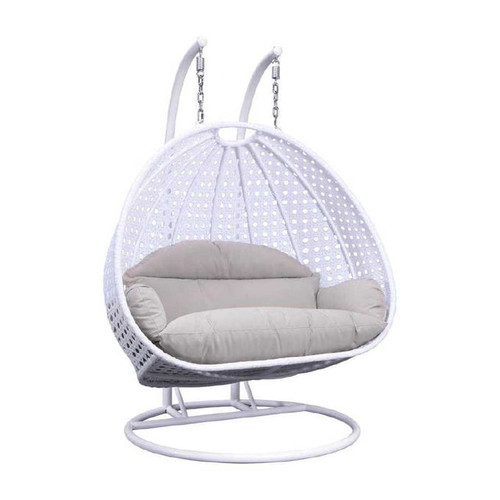 LeisureMod Egg White Taupe Wicker Hanging Swing Chair
