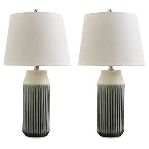 2 Ashley Furniture Afener Blue Beige Ceramic Table Lamps