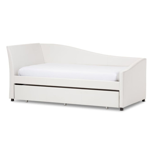 Baxton Studio Vera White Faux Leather Sofa Twin Daybed with Roll Out Trundle Guest Bed