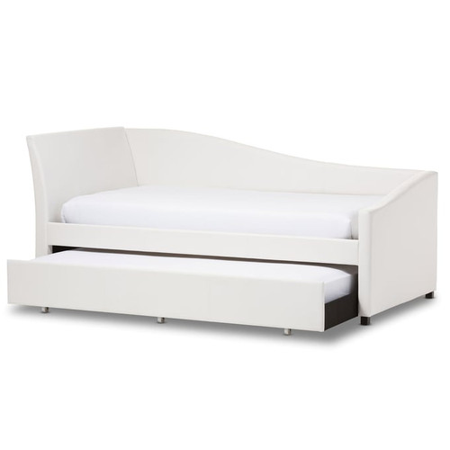 Baxton Studio Vera White Faux Leather Sofa Twin Daybed with Roll Out Trundle Guest Bed