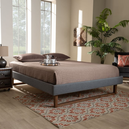 Baxton Studio Liliya Fabric Walnut Wood Platform Bed Frames