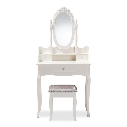 Baxton Studio Veronique White Wood 2pc Vanity Table with Mirror and Ottoman