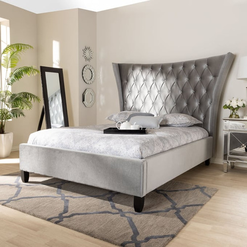 Baxton Studio Viola Grey Velvet Upholstered Wingback Platform Beds