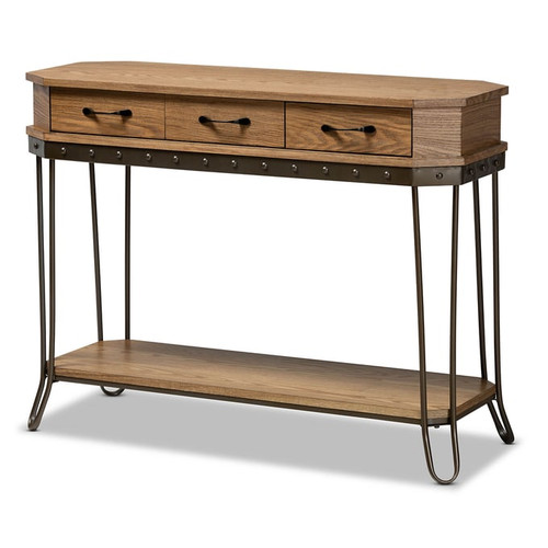 Baxton Studio Kellyn Oak Brown Wood Black Metal 3 Drawer Console Table