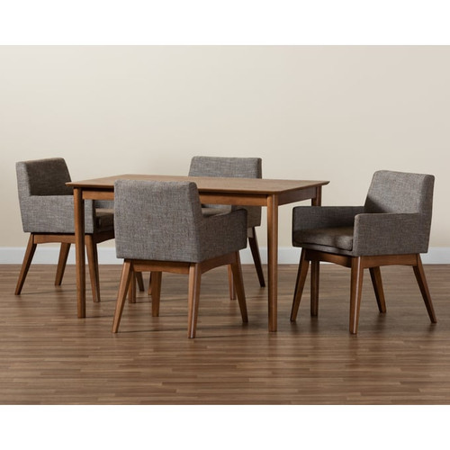 Baxton Studio Dorina Grey Beige Fabric Walnut Brown Wood 5pc Dining Sets