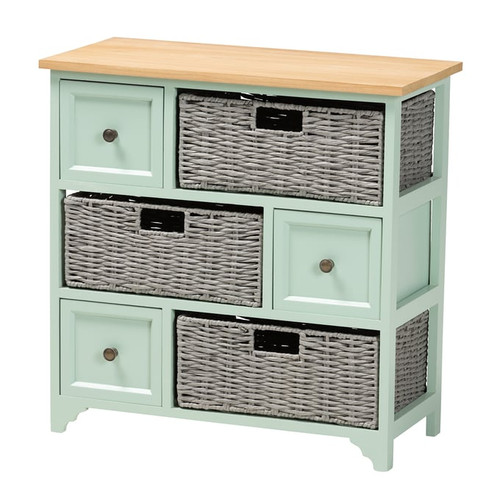 Baxton Studio Valtina Oak Brown Grey Mint Green 3 Drawers Storage Unit with Baskets