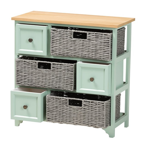 Baxton Studio Valtina Oak Brown Grey Mint Green 3 Drawers Storage Unit with Baskets