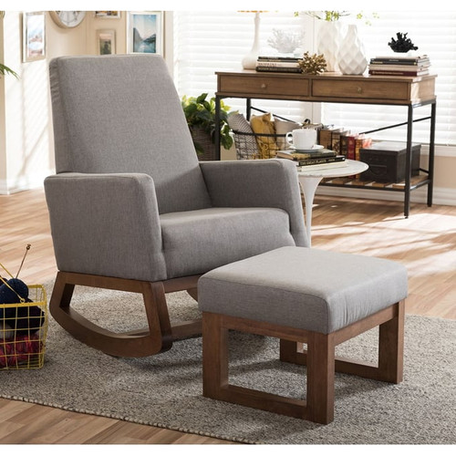 Baxton Studio Yashiya Grey Fabric Upholstered Rocking Chair and Ottoman Set