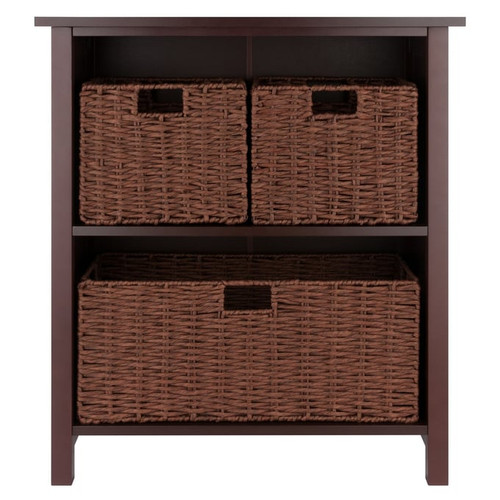 Winsome Milan Walnut Wood 4pc Storage Shelf with Foldable Woven Baskets