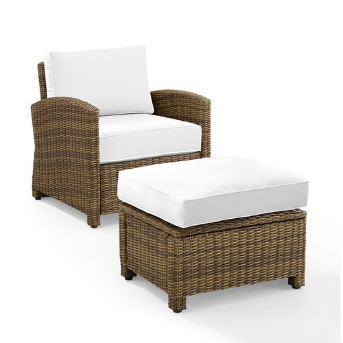 Crosley Bradenton Weathered Brown White Sunbrella 2pc Outdoor Armchair with Ottoman Set