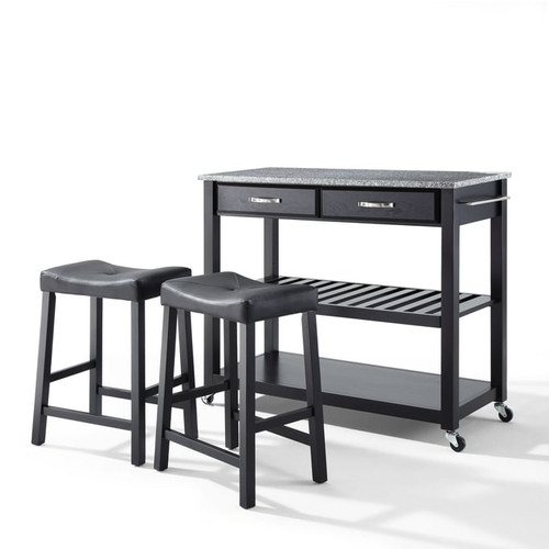 Crosley Gray Granite Black 3pc Kitchen Prep Rolling Cart with Saddle Stools