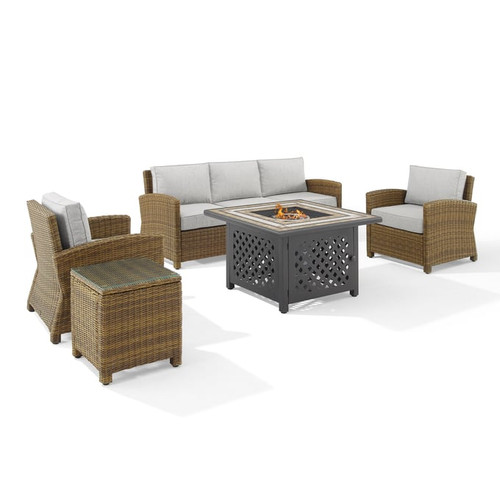 Crosley Bradenton Weathered Brown Gray 5pc Outdoor Set with Tucson Fire Table