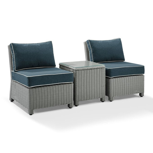 Crosley Bradenton Gray Navy 3pc Outdoor Armless Chair with Side Table