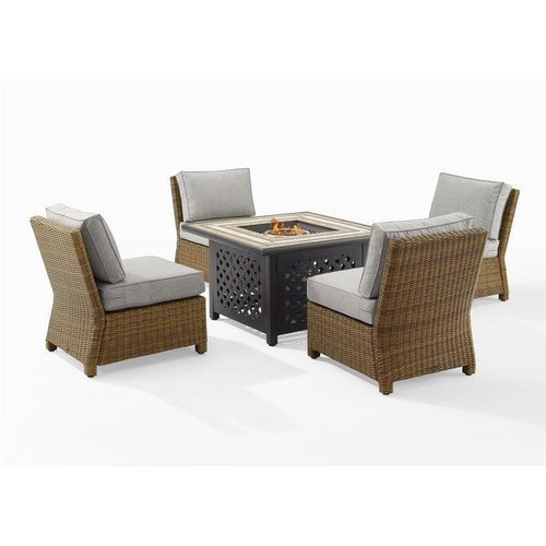 Crosley Bradenton Weathered Brown Gray 5pc Outdoor Armless Chair Set with Tucson Fire Table