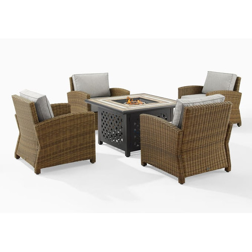 Crosley Bradenton Weathered Brown Gray 5pc Outdoor Armchair with Tucson Fire Table