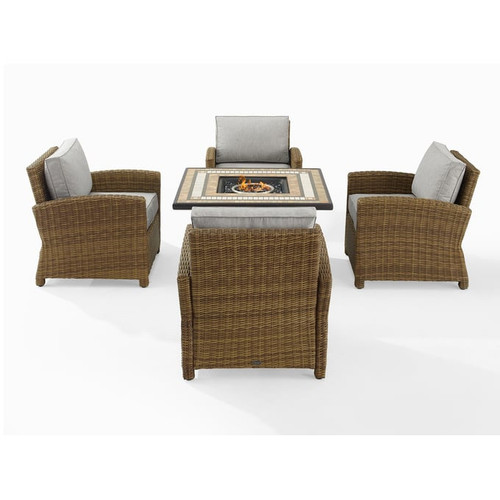 Crosley Bradenton Weathered Brown Gray 5pc Outdoor Armchair with Tucson Fire Table