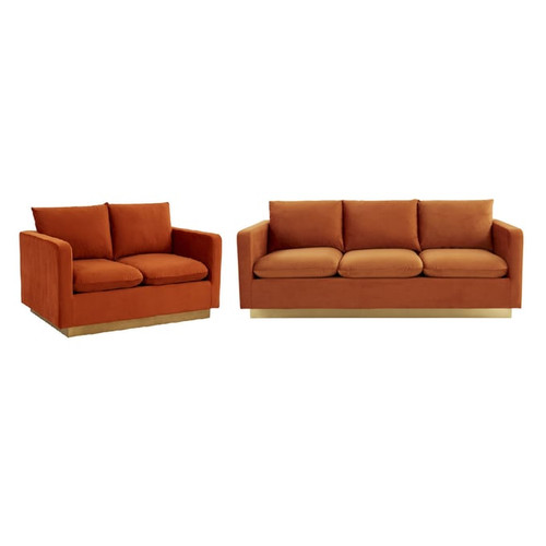 LeisureMod Nervo Orange Marmalade Velvet 2pc Living Room Set with Gold Frame