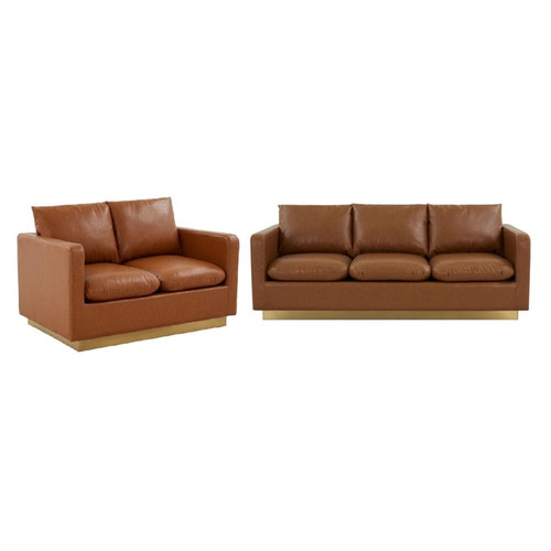 LeisureMod Nervo Cognac Tan Leather 2pc Living Room Set with Gold Frame