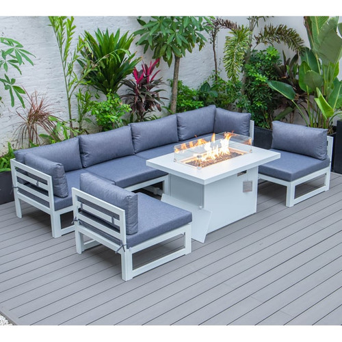 LeisureMod Chelsea 7pc Patio Sectionals and Fire Pit Table with Cushions