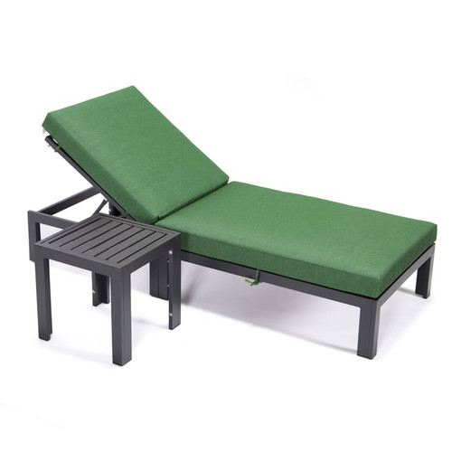LeisureMod Chelsea Green Outdoor Chaise Lounge Chair with Side Table