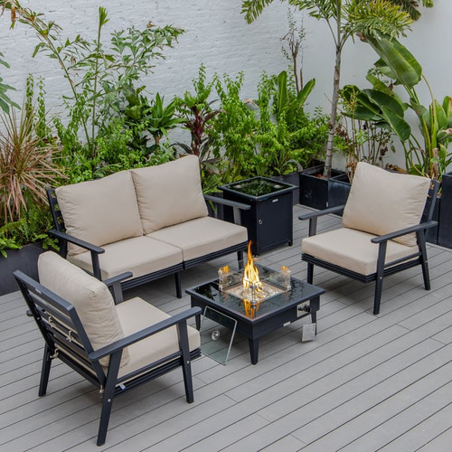 LeisureMod Walbrooke Black Patio Conversation 4pc Seating Sets Square Fire Pit and Tank Holder