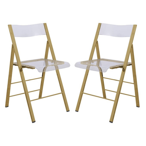 2 LeisureMod Menno Clear Acrylic Gold Base Folding Chairs