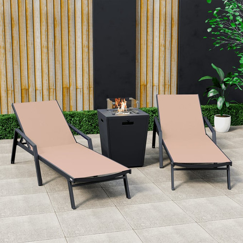 LeisureMod Marlin Black Outdoor Patio Chaise Lounges with Arms and Fire Pit Side Table