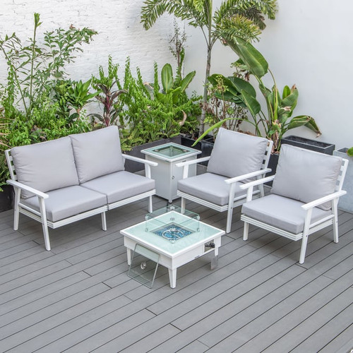 LeisureMod Walbrooke White Patio Conversation 4pc Seating Sets Square Fire Pit and Tank Holder