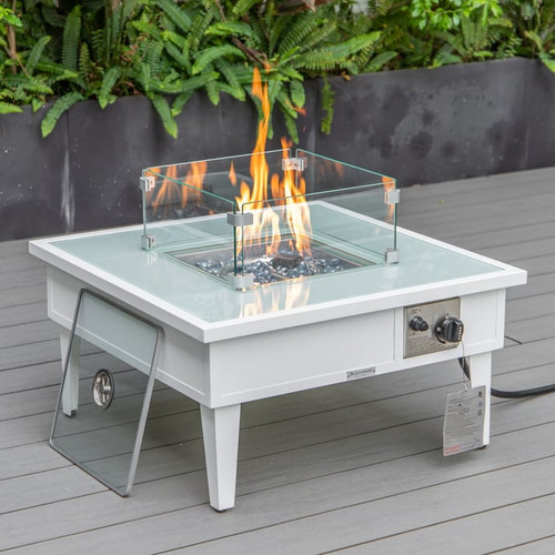 LeisureMod Walbrooke White Patio Conversation 4pc Seating Sets Square Fire Pit and Tank Holder