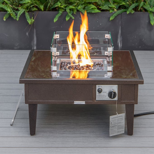 LeisureMod Walbrooke Brown Patio Conversation 4pc Seating Sets Square Fire Pit and Tank Holder