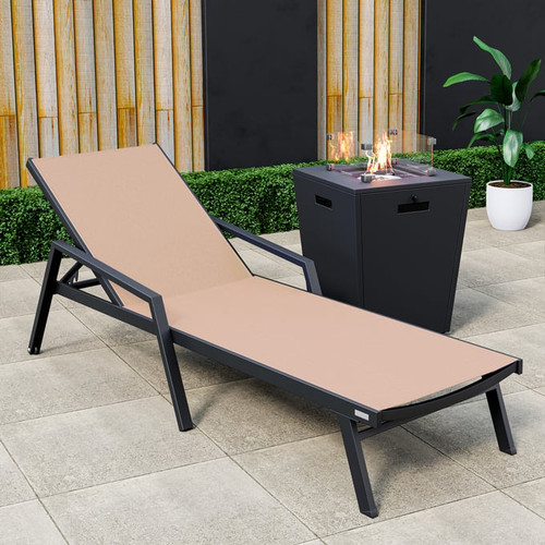 LeisureMod Marlin Black Outdoor Patio Chaise Lounges with Arms and Fire Pit Table