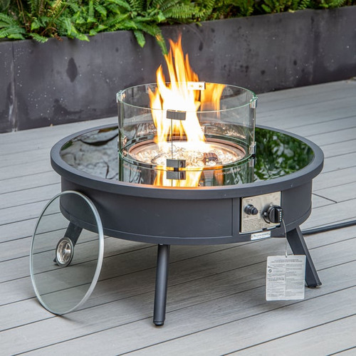 LeisureMod Walbrooke Black Patio Conversation 4pc Seating Sets Round Fire Pit and Tank Holder