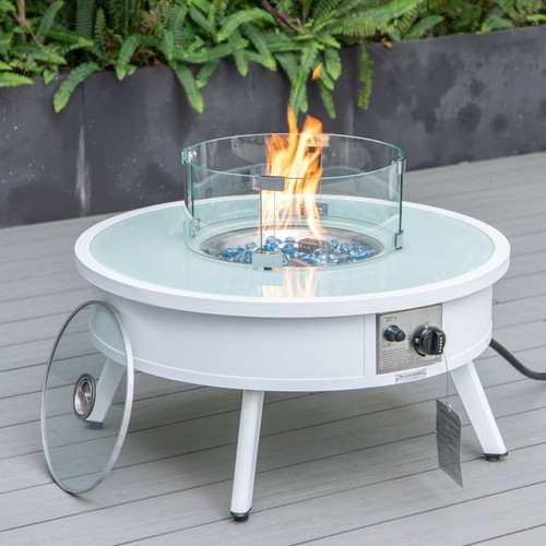 LeisureMod Walbrooke White Patio Conversation 4pc Seating Sets Round Fire Pit and Tank Holder