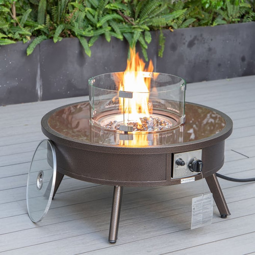 LeisureMod Walbrooke Brown Patio Conversation 4pc Seating Sets Round Fire Pit and Tank Holder