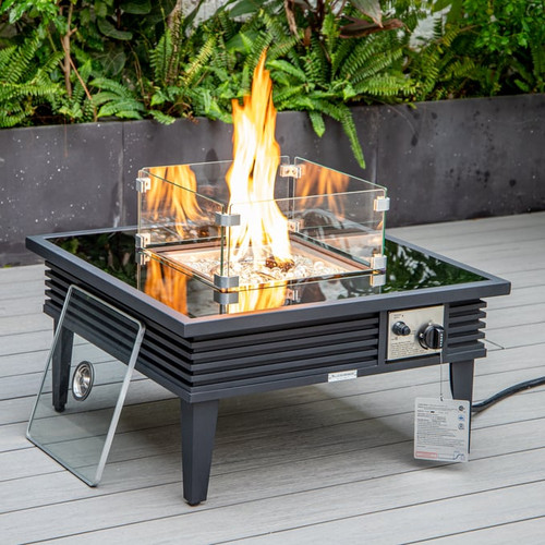 LeisureMod Walbrooke Black Patio Square Fire Pit and Tank Holders with Slats