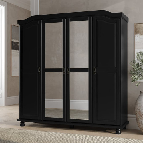 Palace Imports Kyle Black 4 Door Wardrobe With Mirrored Door With 2 Drawer And 8 Small Shelf