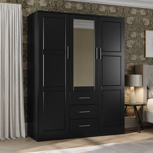 Palace Imports Cosmo Black 4 Shelf Wardrobe With Mirrored Door