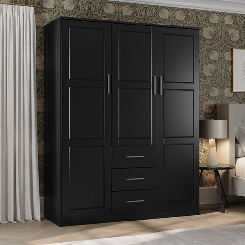 Palace Imports Cosmo Black 3 Raised Panel Door Wardrobe With 4 Shelves