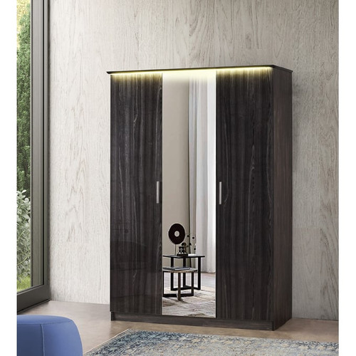 Modarte Roma Gloss Metallic Gray LED Freestanding 3 Doors Wardrobe Cabinet