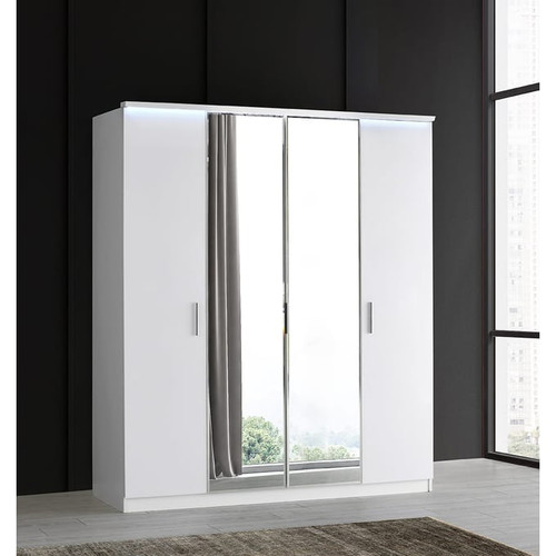 Modarte Roma Gloss White LED Freestanding 4 Doors Wardrobe Cabinets