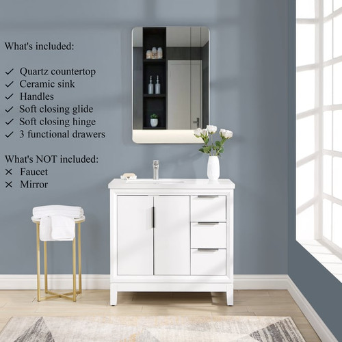 Modarte Valencia White 36 Inch Left Sink Free Standing Vanitys